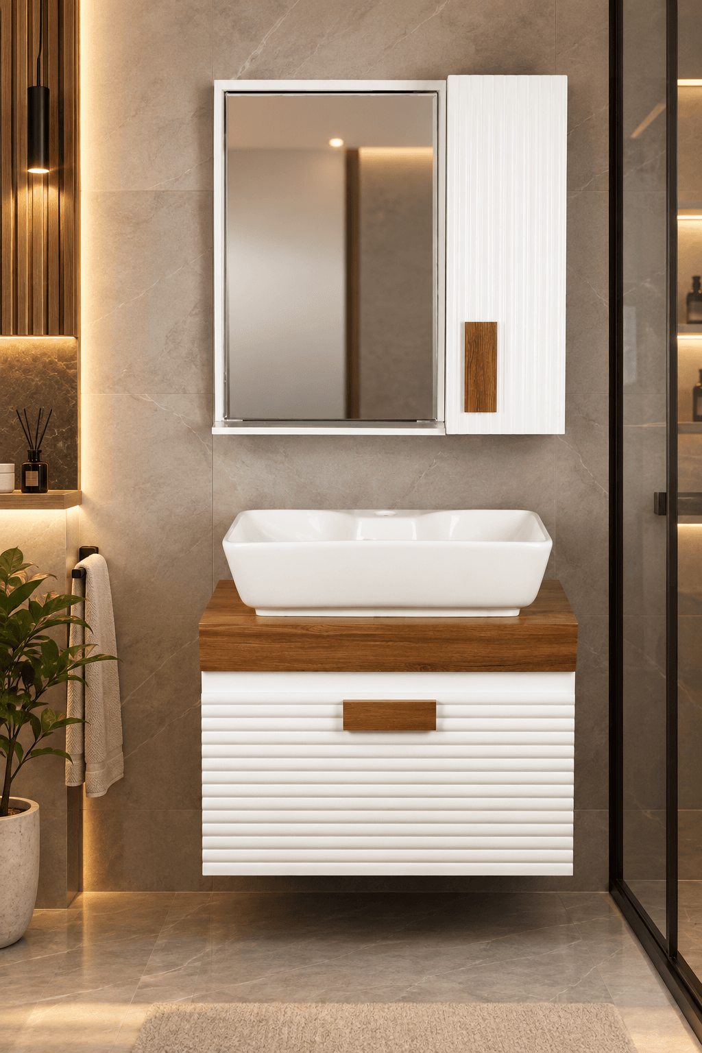 روشویی کابینتی و آینه باکس طرح بامبو سفید چوب تولیپ چینی کرد — تصویر ۵