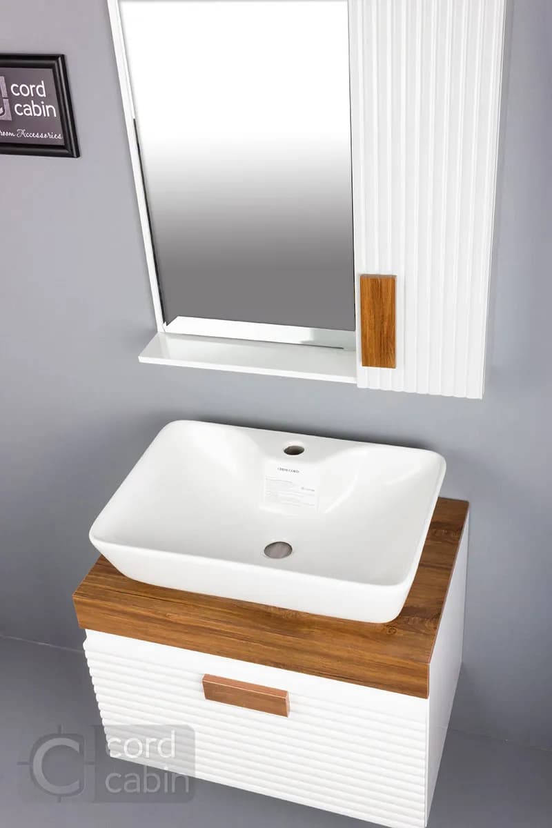 روشویی کابینتی و آینه باکس طرح بامبو سفید چوب تولیپ چینی کرد — تصویر ۳