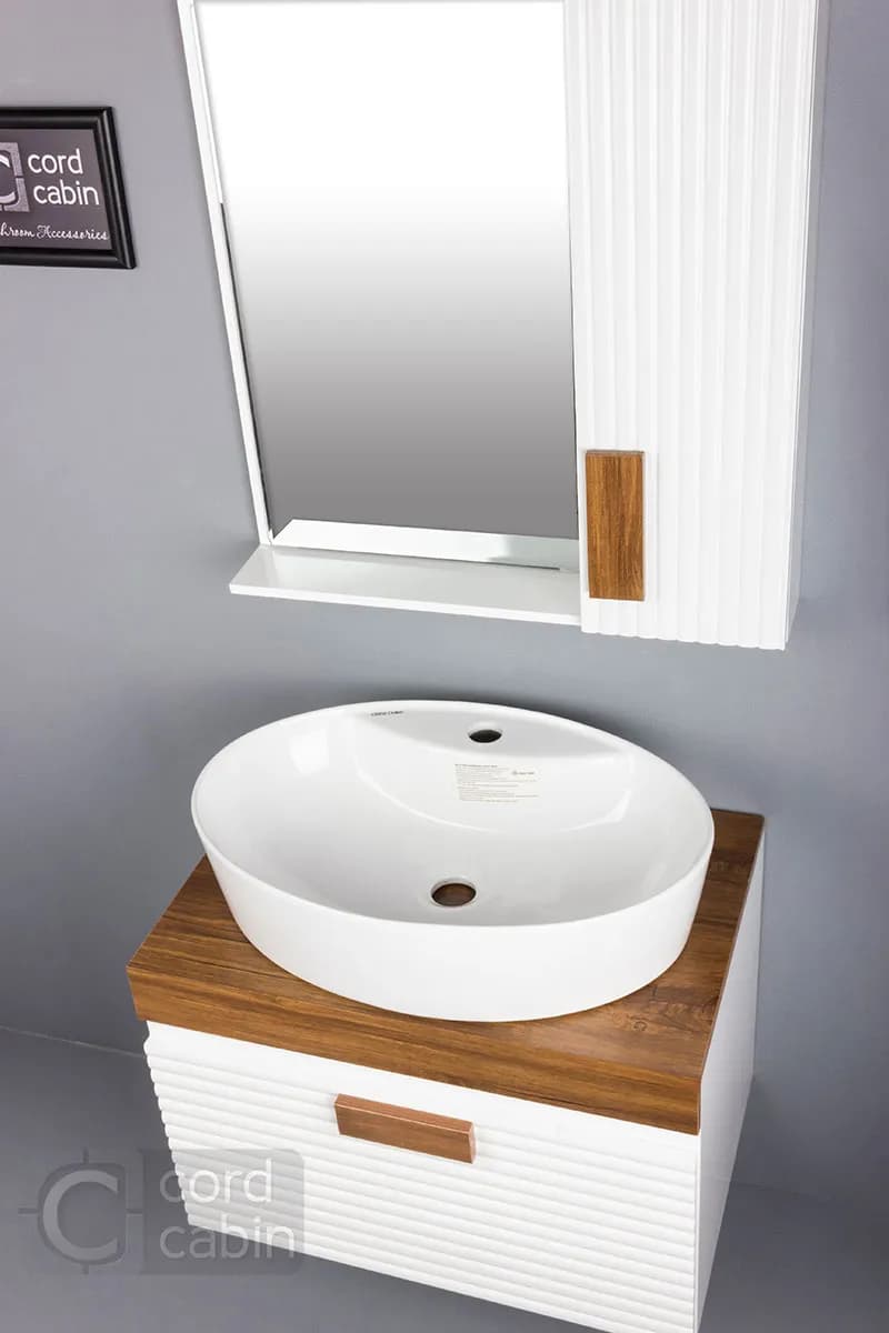 روشویی کابینتی و آینه باکس طرح بامبو سفید چوب پایتال چینی کرد — تصویر ۲