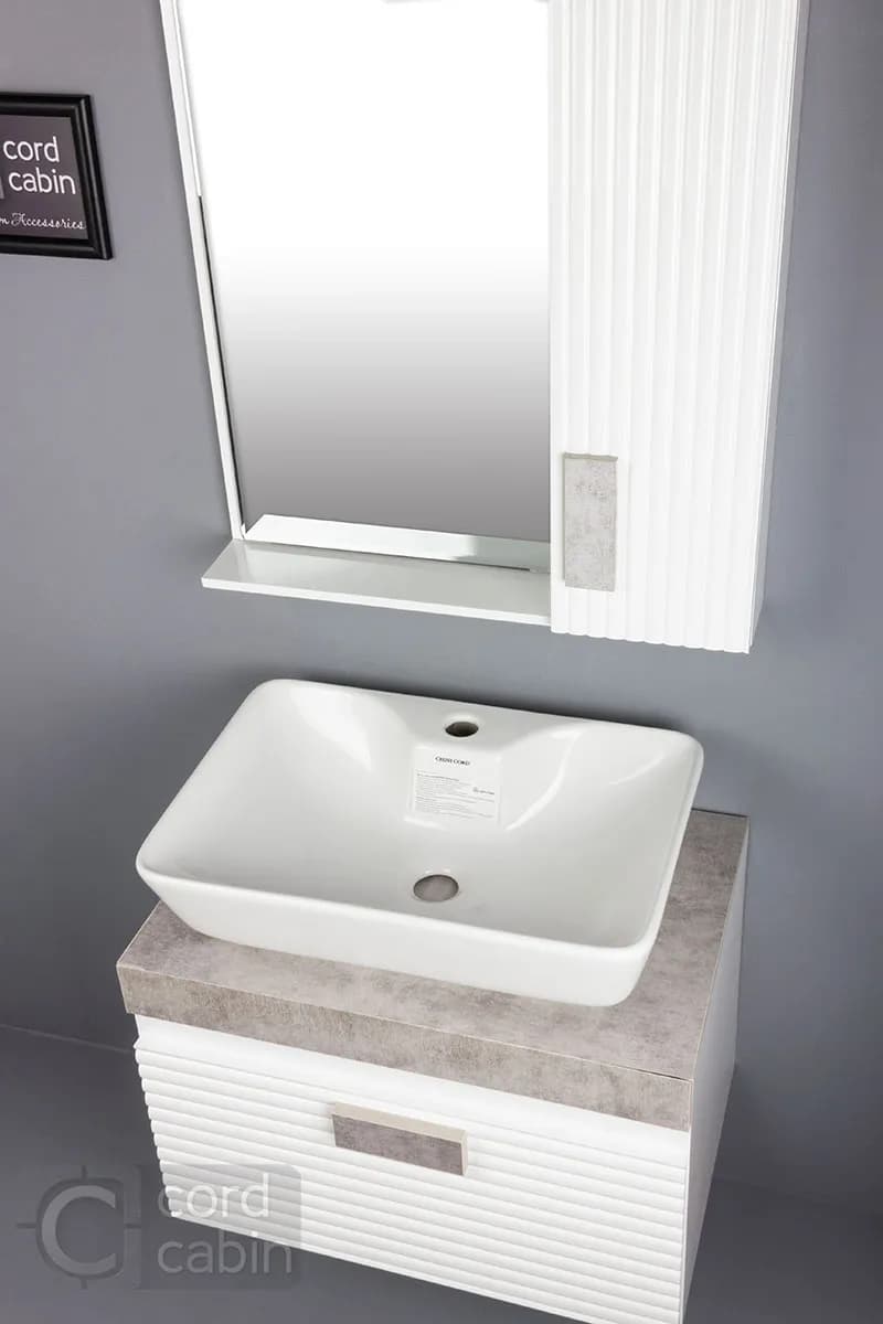 روشویی کابینتی و آینه باکس طرح بامبو سفید پتینه تولیپ چینی کرد — تصویر ۳