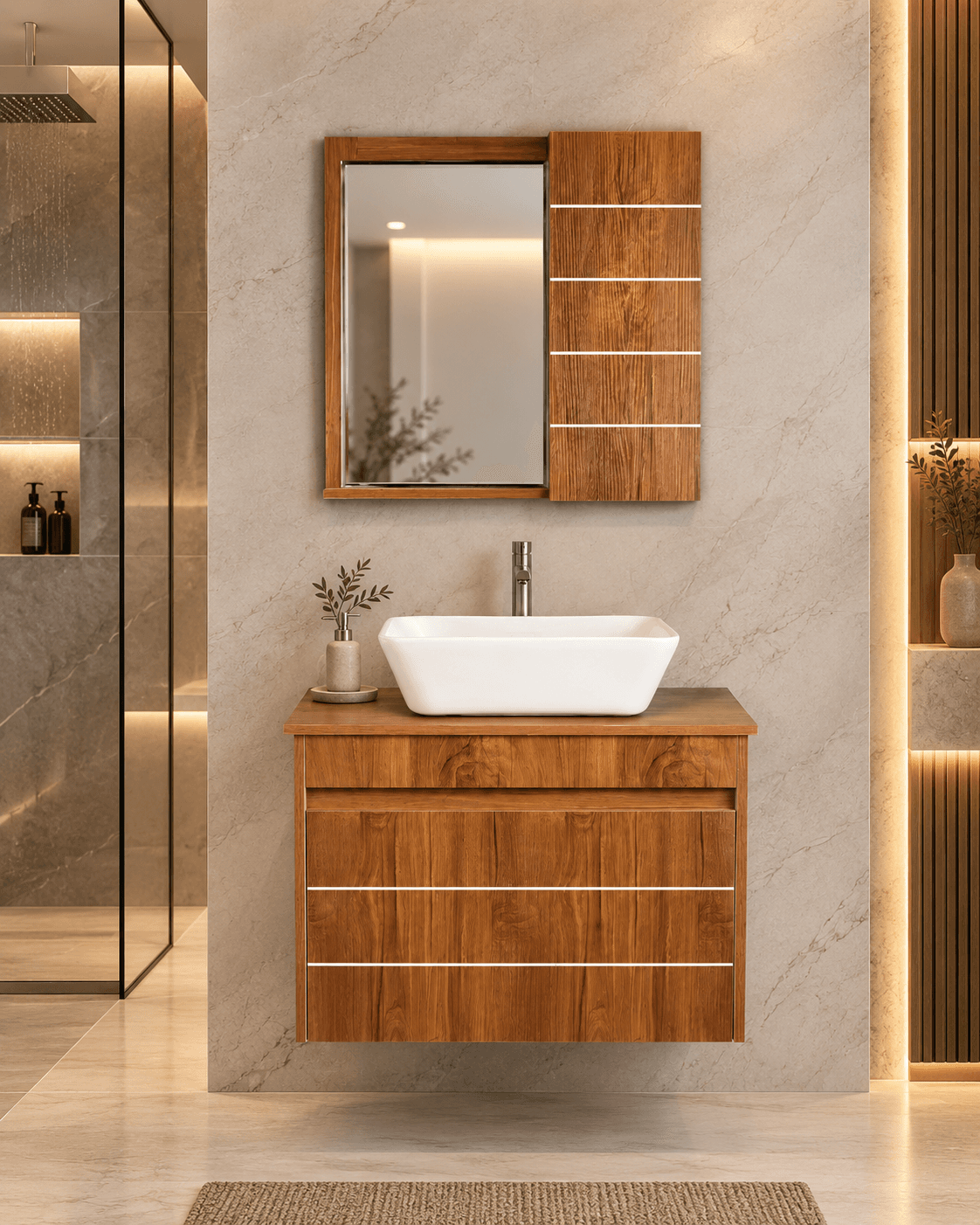 روشویی کابینتی و آینه باکس طرح چوب مربع ویولا — تصویر ۵