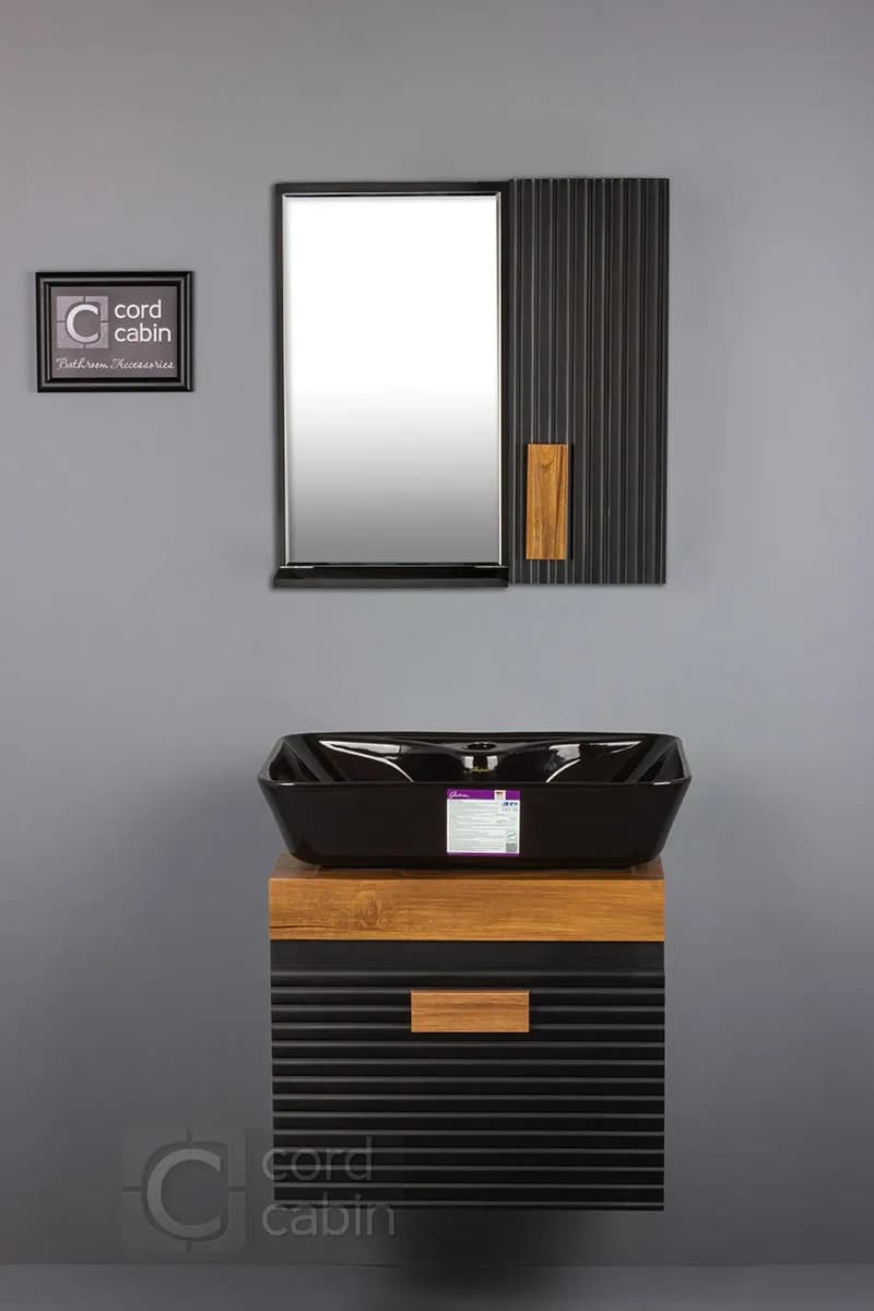 روشویی کابینتی و آینه باکس طرح بامبو مشکی چوب مستطیل گاتریا