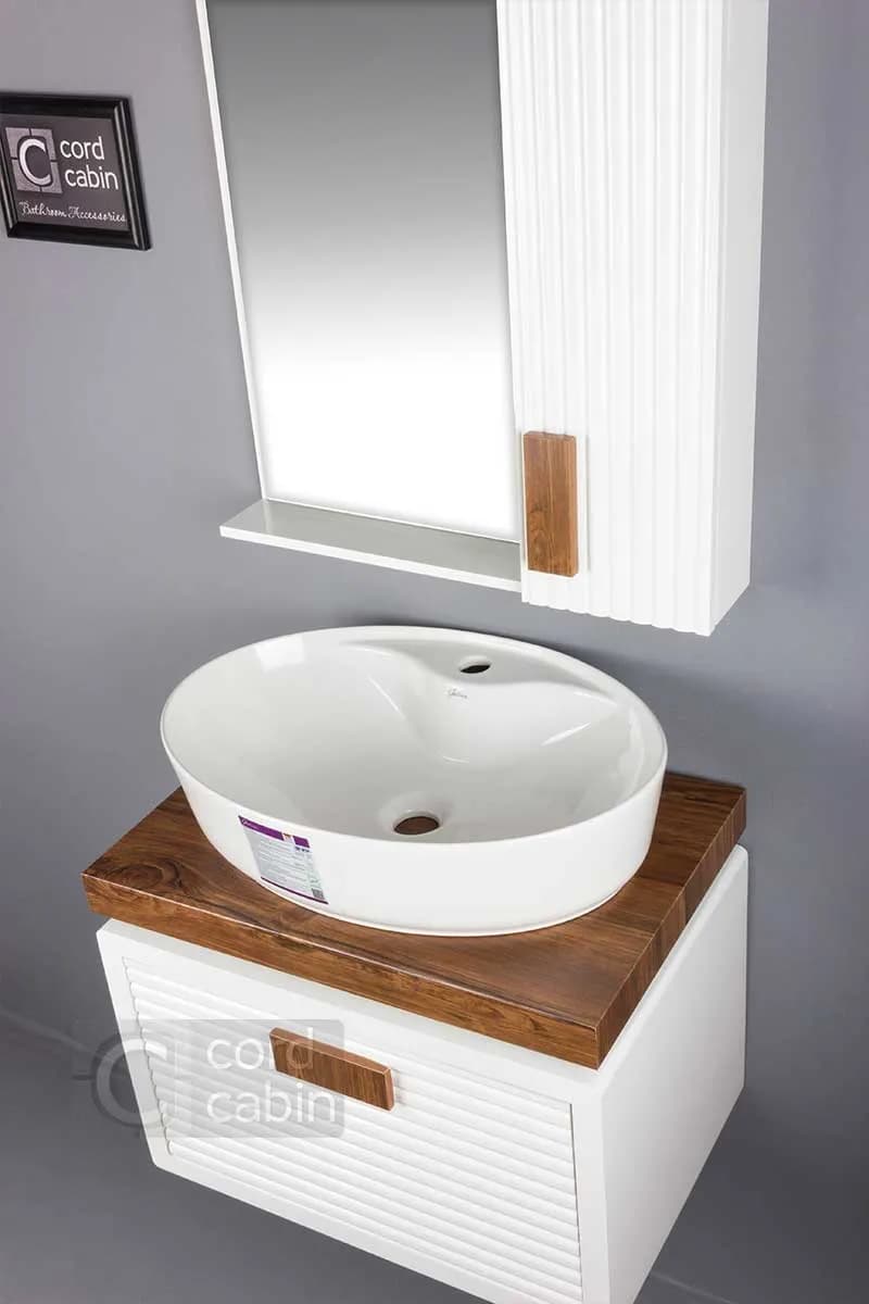 روشویی کابینت و آینه باکس طرح ریماک سفید چوب با کاسه بیضی سفید گاتریا — تصویر ۴