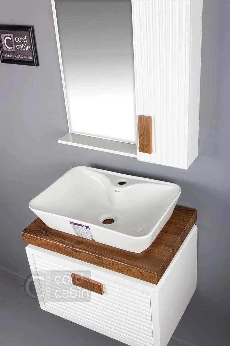 روشویی کابینتی طرح ریماک سفید چوب با کاسه مستطیل سفید گاتریا — تصویر ۳