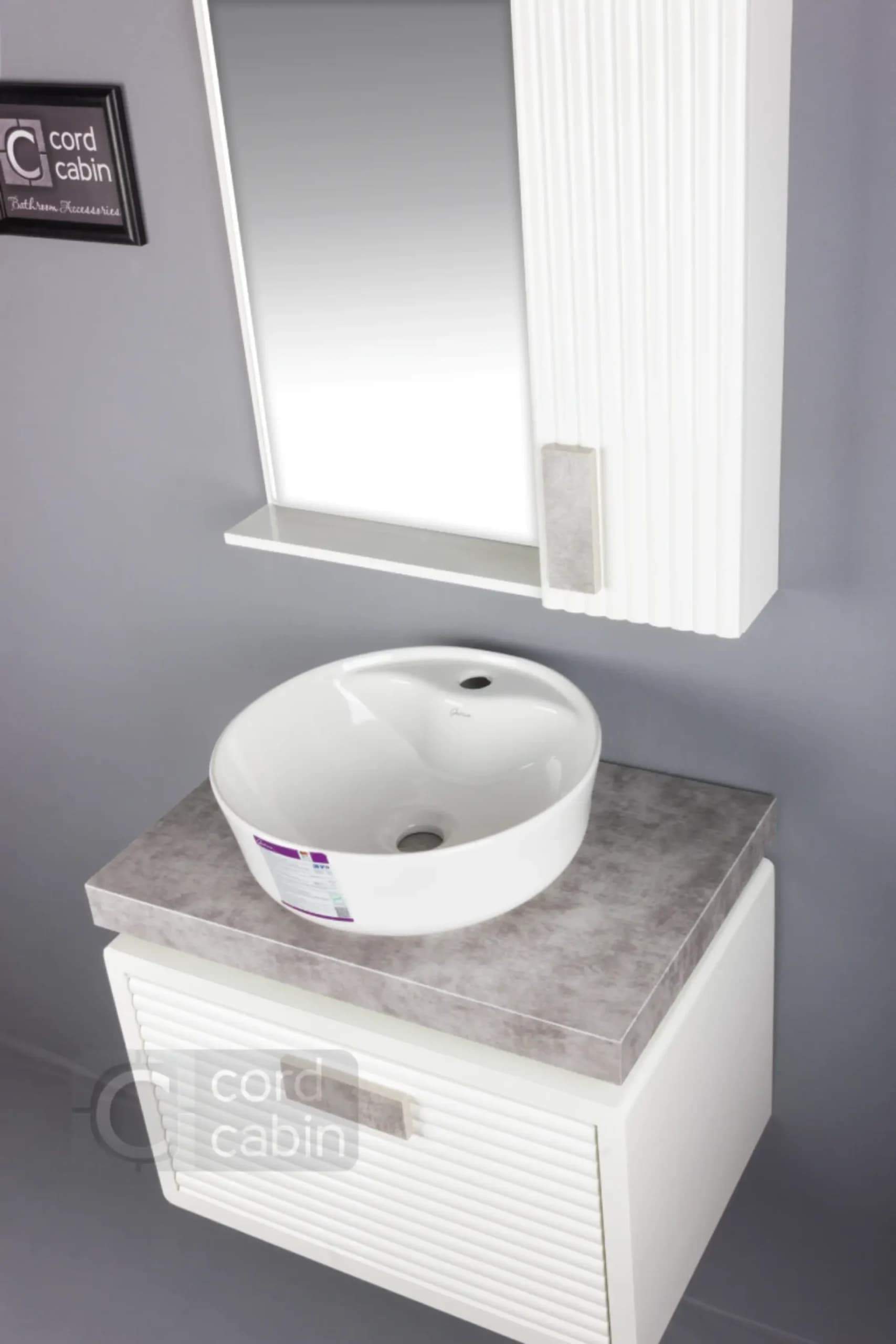 روشویی کابینت و آینه باکس طرح ریماک سفید پتینه با کاسه گرد سفید — تصویر ۴