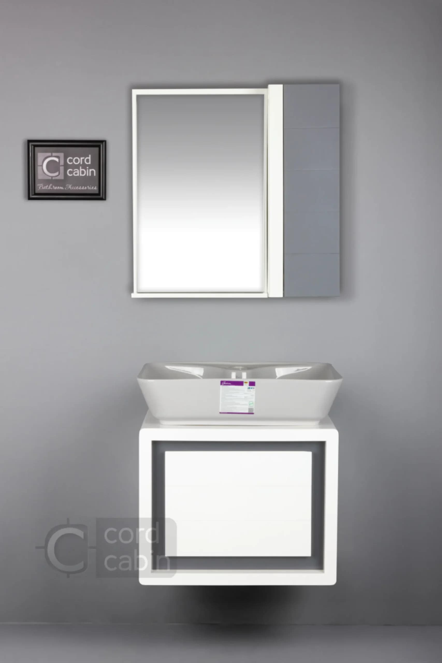 روشویی کابینت و آینه باکس طرح رناک سفید طوسی با کاسه مستطیل طوسی