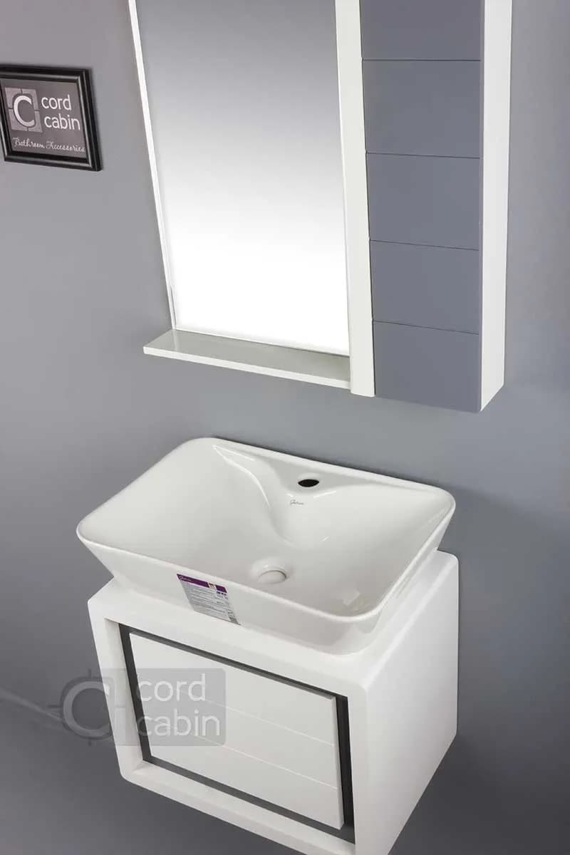 روشویی کابینت و آینه باکس طرح رناک سفید طوسی با کاسه مستطیل سفید گاتریا — تصویر ۴