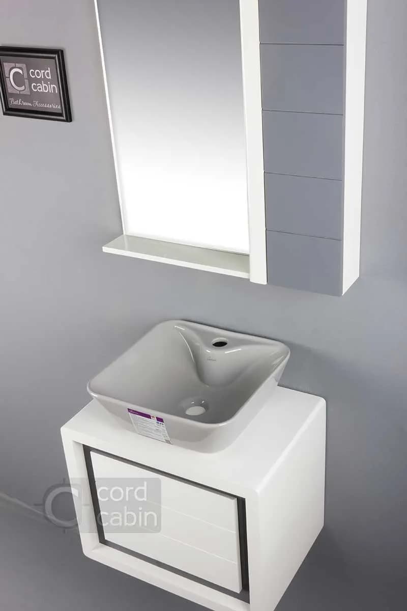 روشویی کابینت و آینه باکس طرح رناک سفید طوسی با کاسه مربع طوسی گاتریا — تصویر ۴