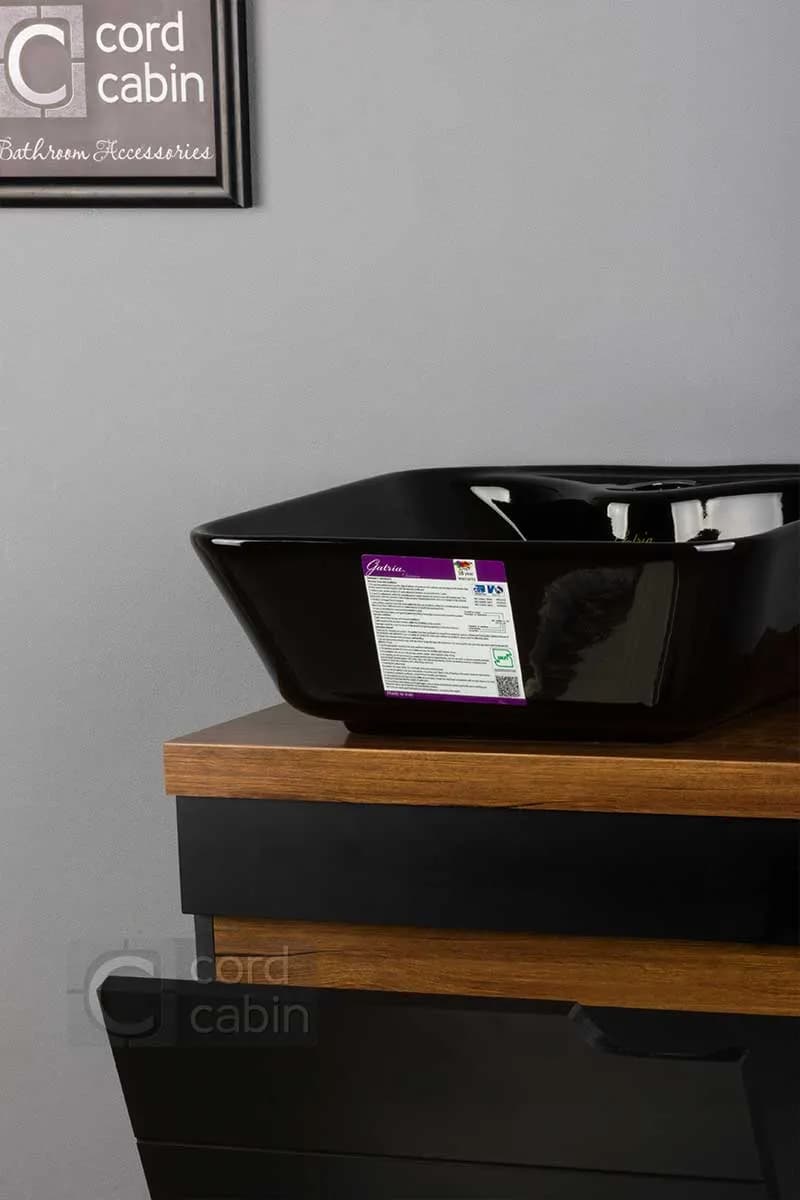 روشویی کابینت و آینه طرح 32 در 40 مشکی چوب با کاسه مربع مشکی گاتریا — تصویر ۸