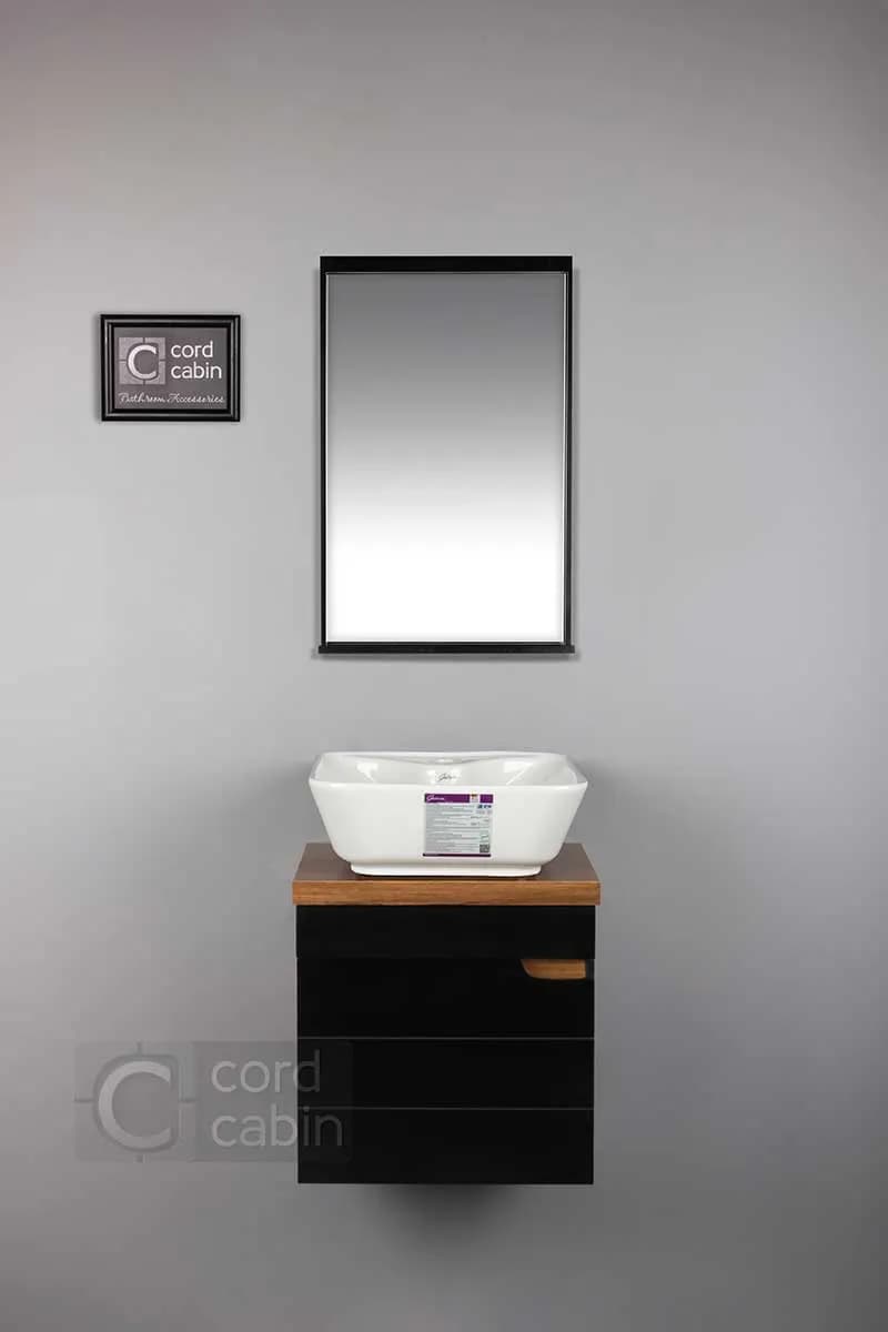 روشویی کابینت و آینه طرح 32 در 40 مشکی چوب با کاسه مربع سفید گاتریا با آینه مشکی
