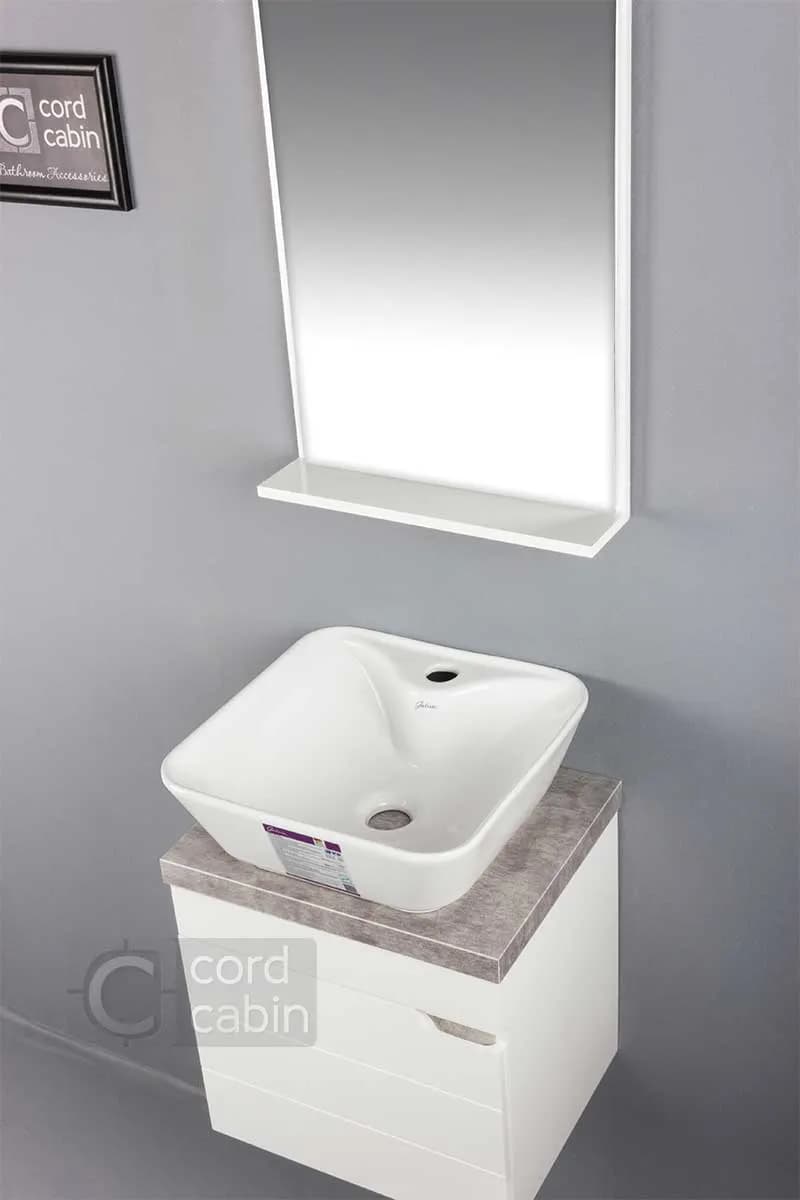 روشویی کابینت و آینه طرح 32 در 40 سفید پتینه با کاسه مربع سفید گاتریا با آینه سفید — تصویر ۷