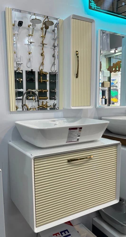 روشویی کابینتی فول ست بامبو مدل شقایق رنگ طوسی و کرم