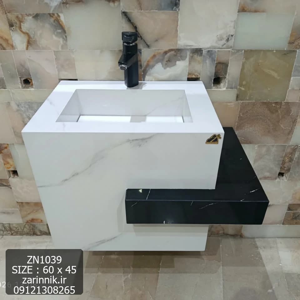 روشویی سرامیکی دیواری با شلف 45*60 سفید مشکی زرین نیک کد ZN1039 — تصویر ۴