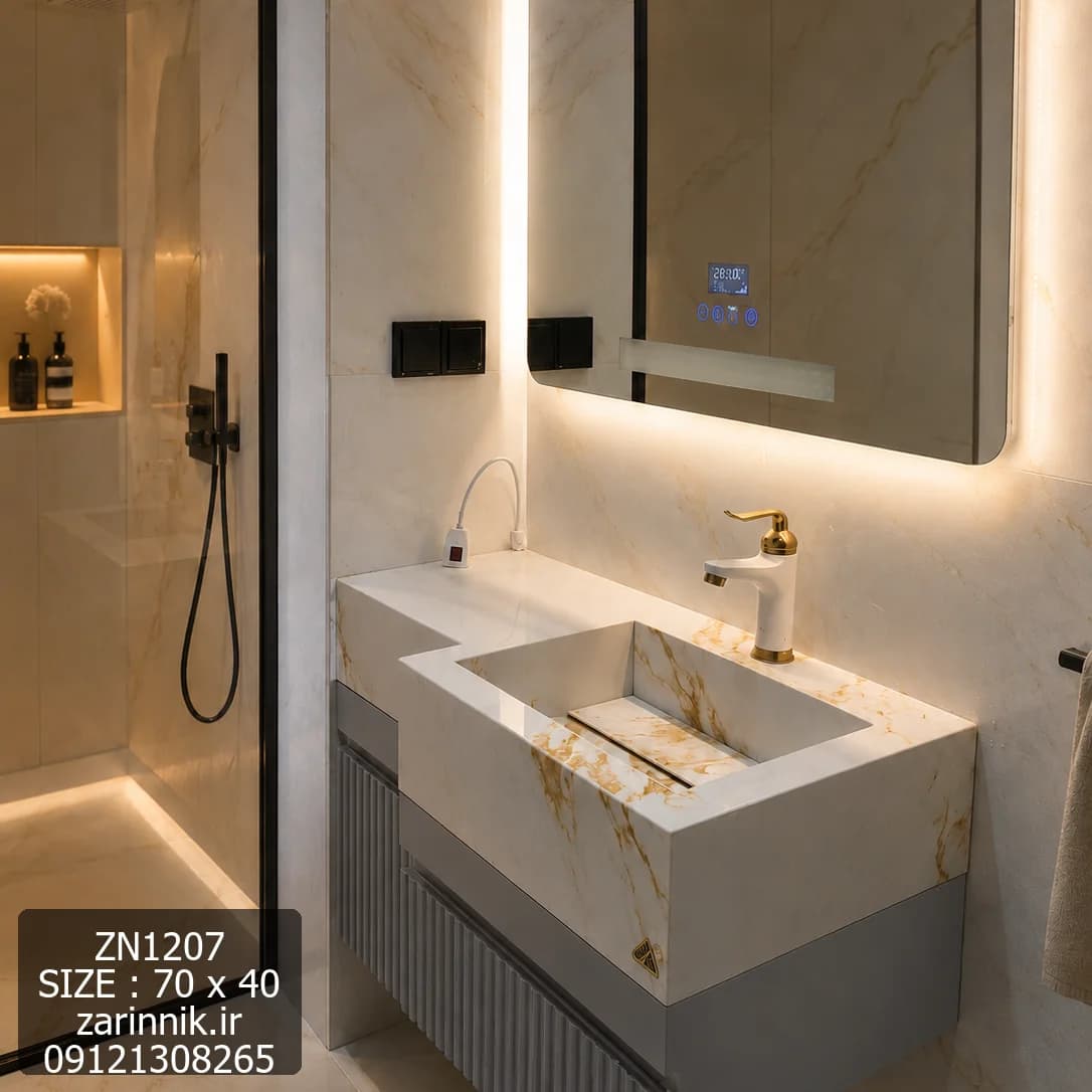 روشویی سرامیکی کابینتی دیواری 40*70 سفید مشکی زرین نیک کد ZN1207 — تصویر ۹