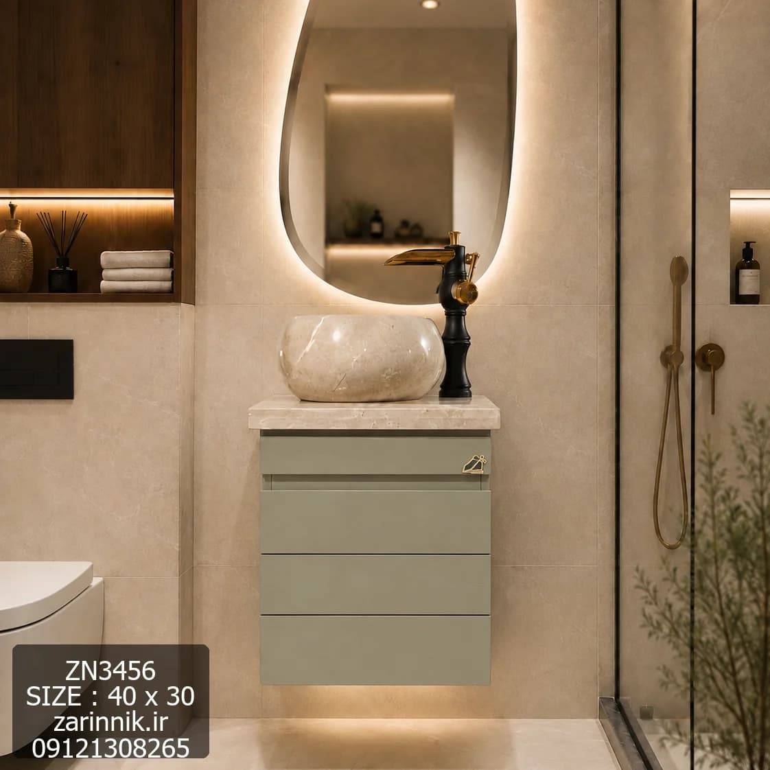 روشویی کوچک سنگی کابینتی دیوار 30*40 طرح چوب زرین نیک کد ZN3456 — تصویر ۸