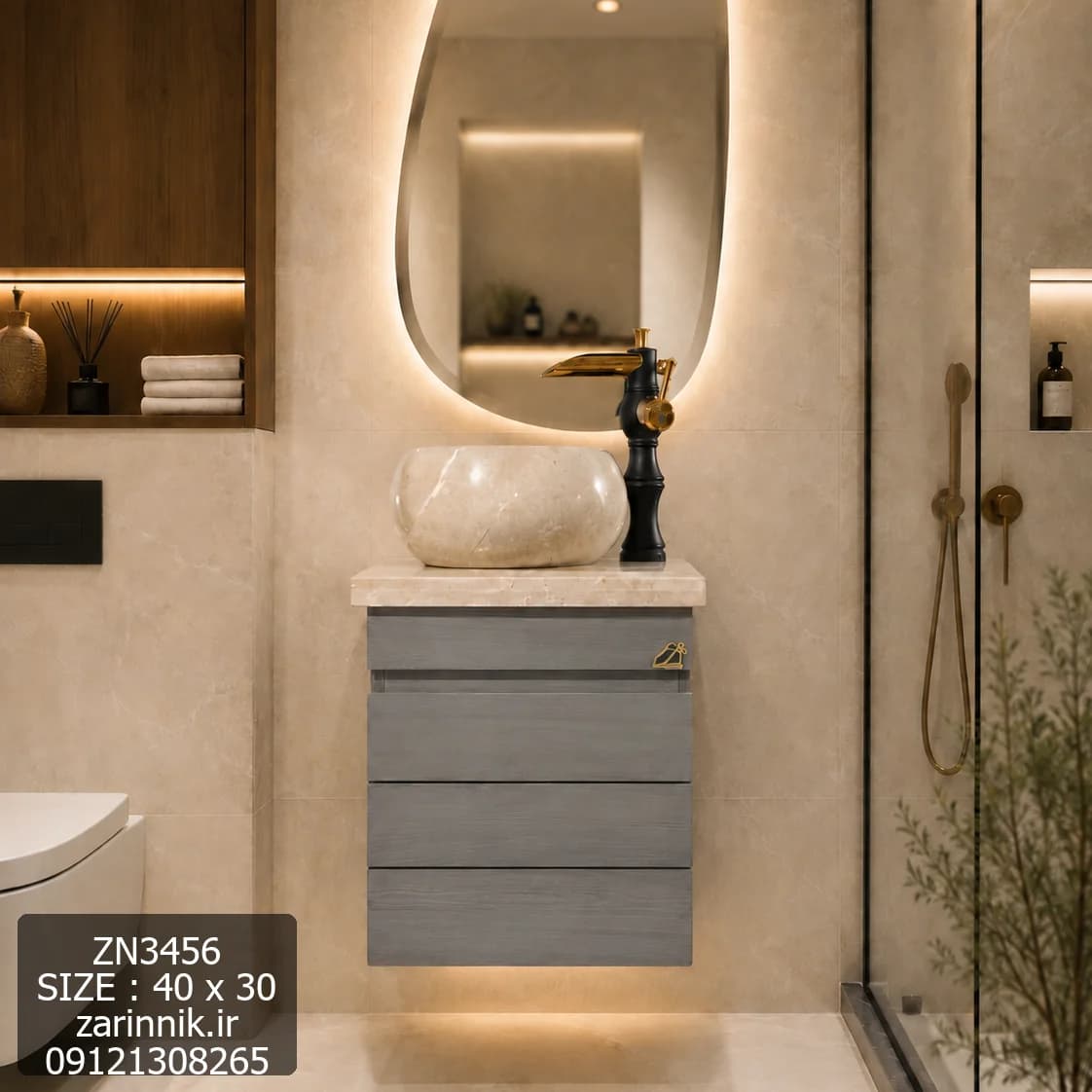 روشویی کوچک سنگی کابینتی دیوار 30*40 طرح چوب زرین نیک کد ZN3456 — تصویر ۷