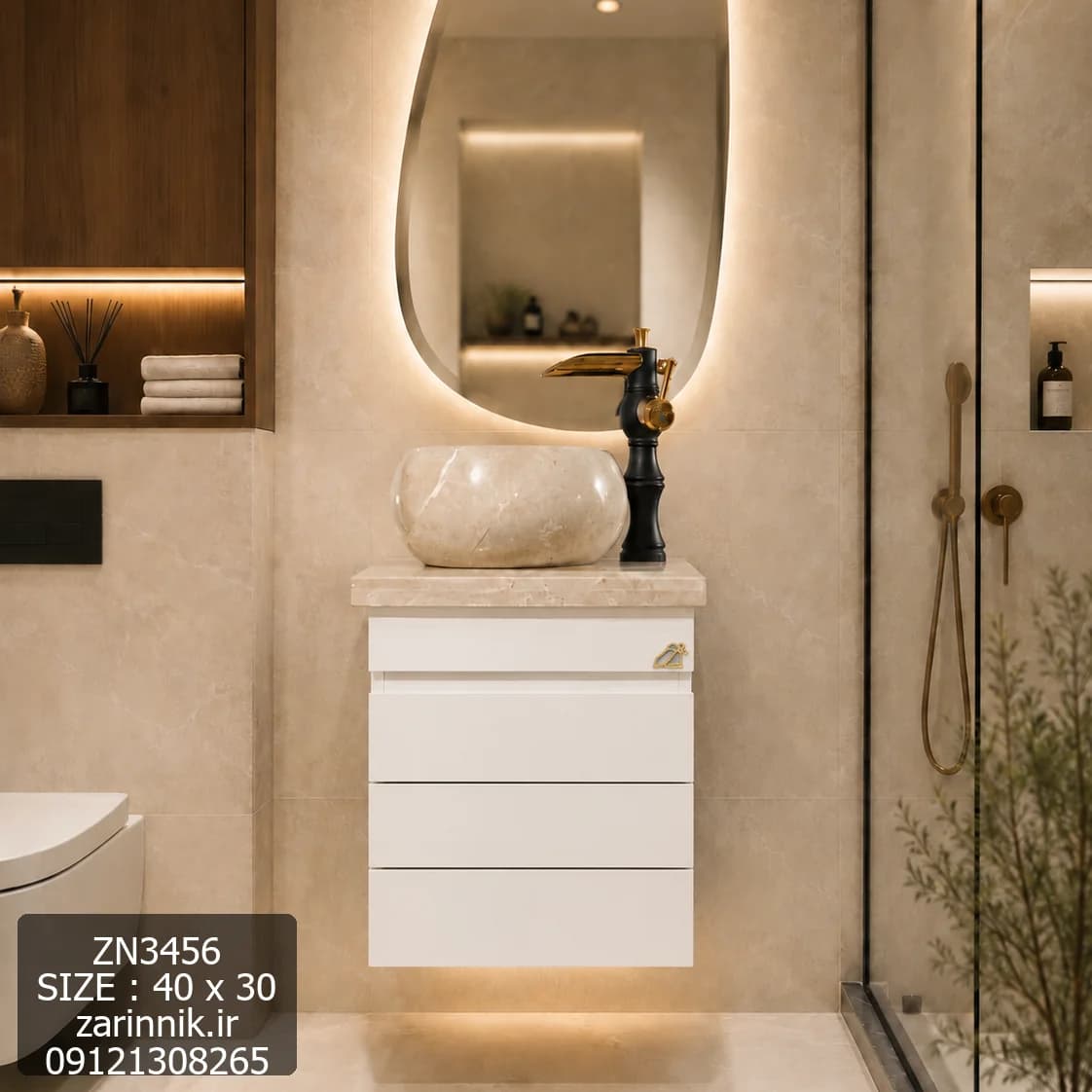 روشویی کوچک سنگی کابینتی دیوار 30*40 طرح چوب زرین نیک کد ZN3456 — تصویر ۲
