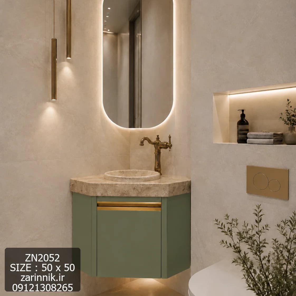 روشویی سنگی کابینتی کنجی دیواری سایز 50*50 سفید طلایی زرین نیک کد ZN2052 — تصویر ۴