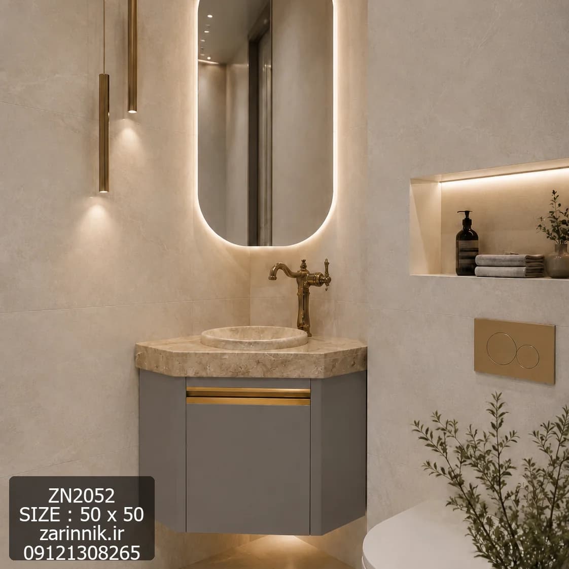 روشویی سنگی کابینتی کنجی دیواری سایز 50*50 سفید طلایی زرین نیک کد ZN2052 — تصویر ۲