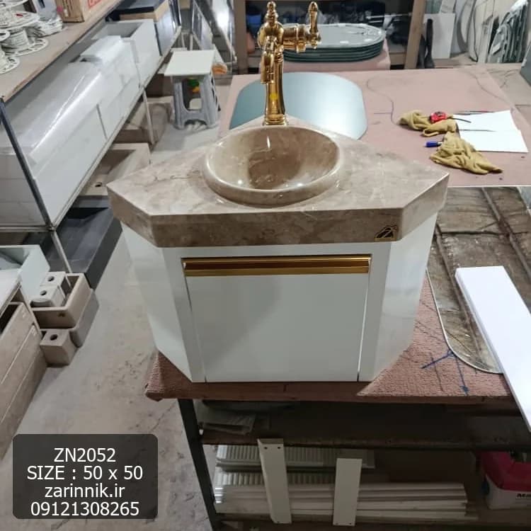 روشویی سنگی کابینتی کنجی دیواری سایز 50*50 سفید طلایی زرین نیک کد ZN2052 — تصویر ۷
