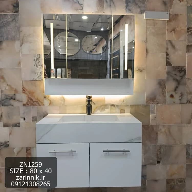 روشویی سرامیکی کابینتی دیواری 40*80 سفید با آینه باکس زرین نیک کد ZN1259 — تصویر ۶