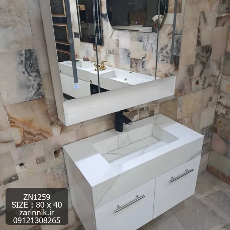 روشویی سرامیکی کابینتی دیواری 40*80 سفید با آینه باکس زرین نیک کد ZN1259 — تصویر ۵