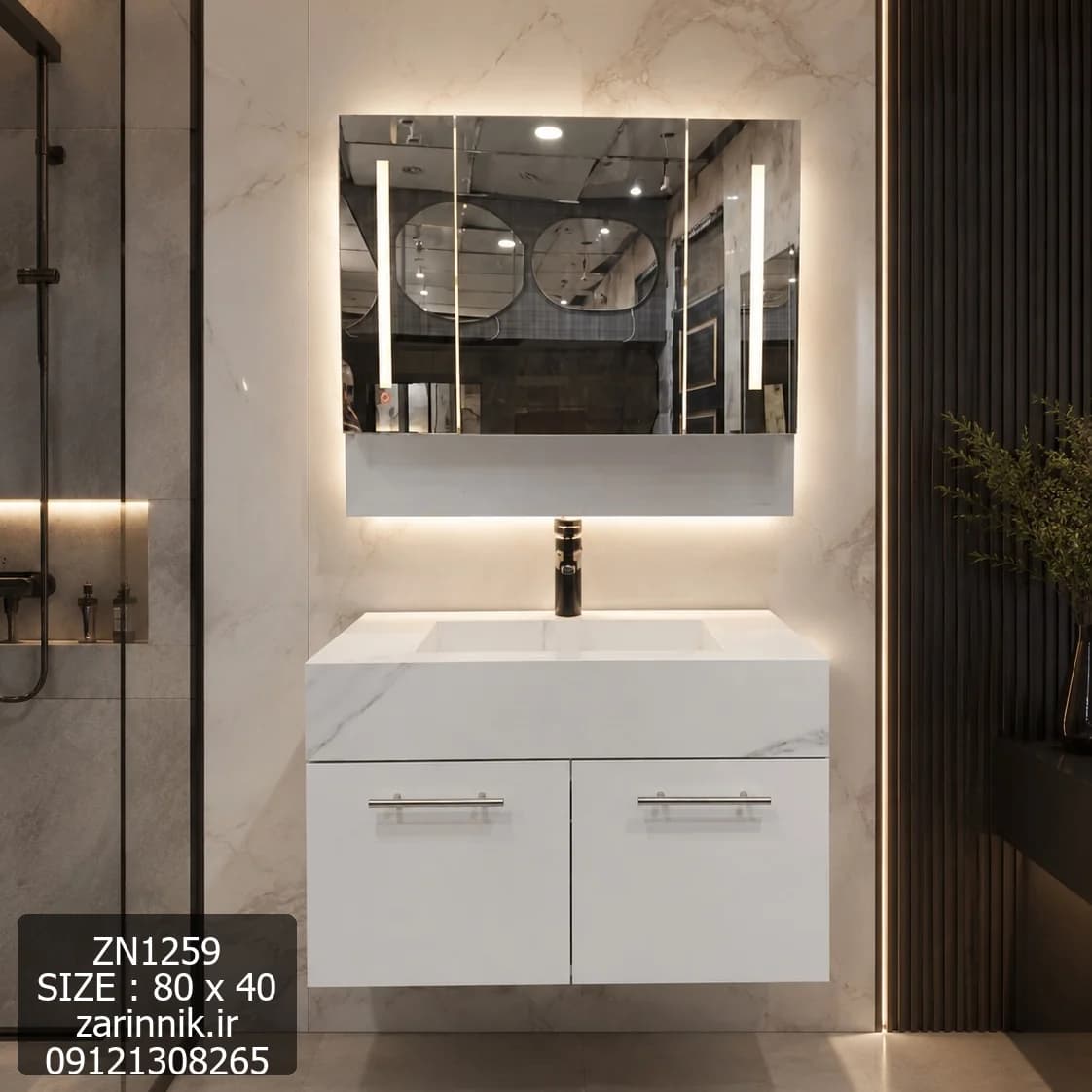 روشویی سرامیکی کابینتی دیواری 40*80 سفید با آینه باکس زرین نیک کد ZN1259