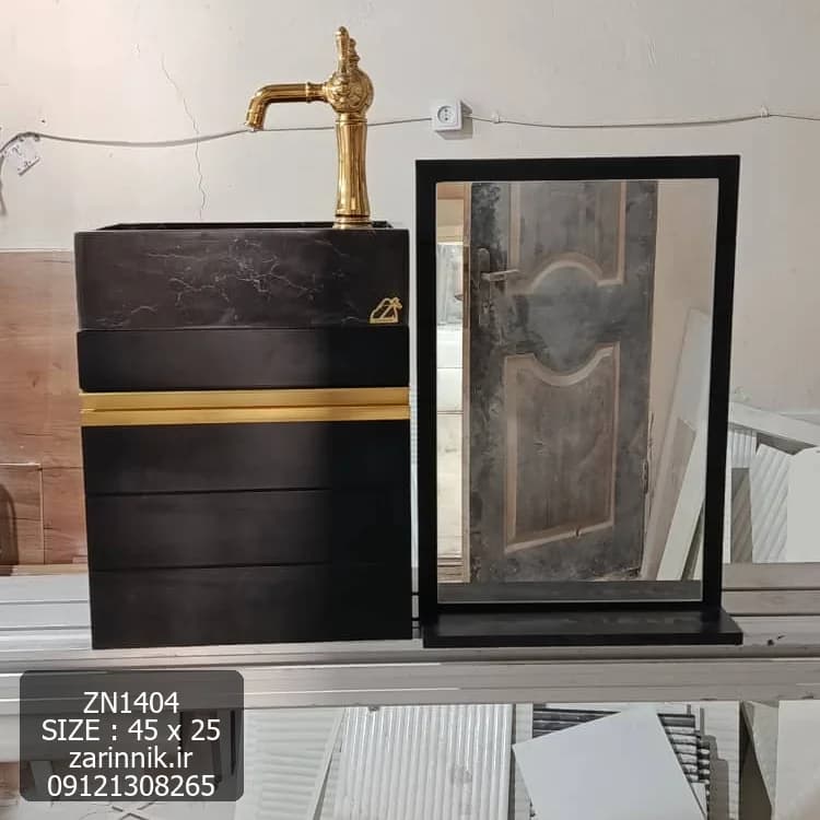 ست روشویی کوچک کابینتی دیواری 25*45 مشکی طلایی زرین نیک کد ZN1404 — تصویر ۶