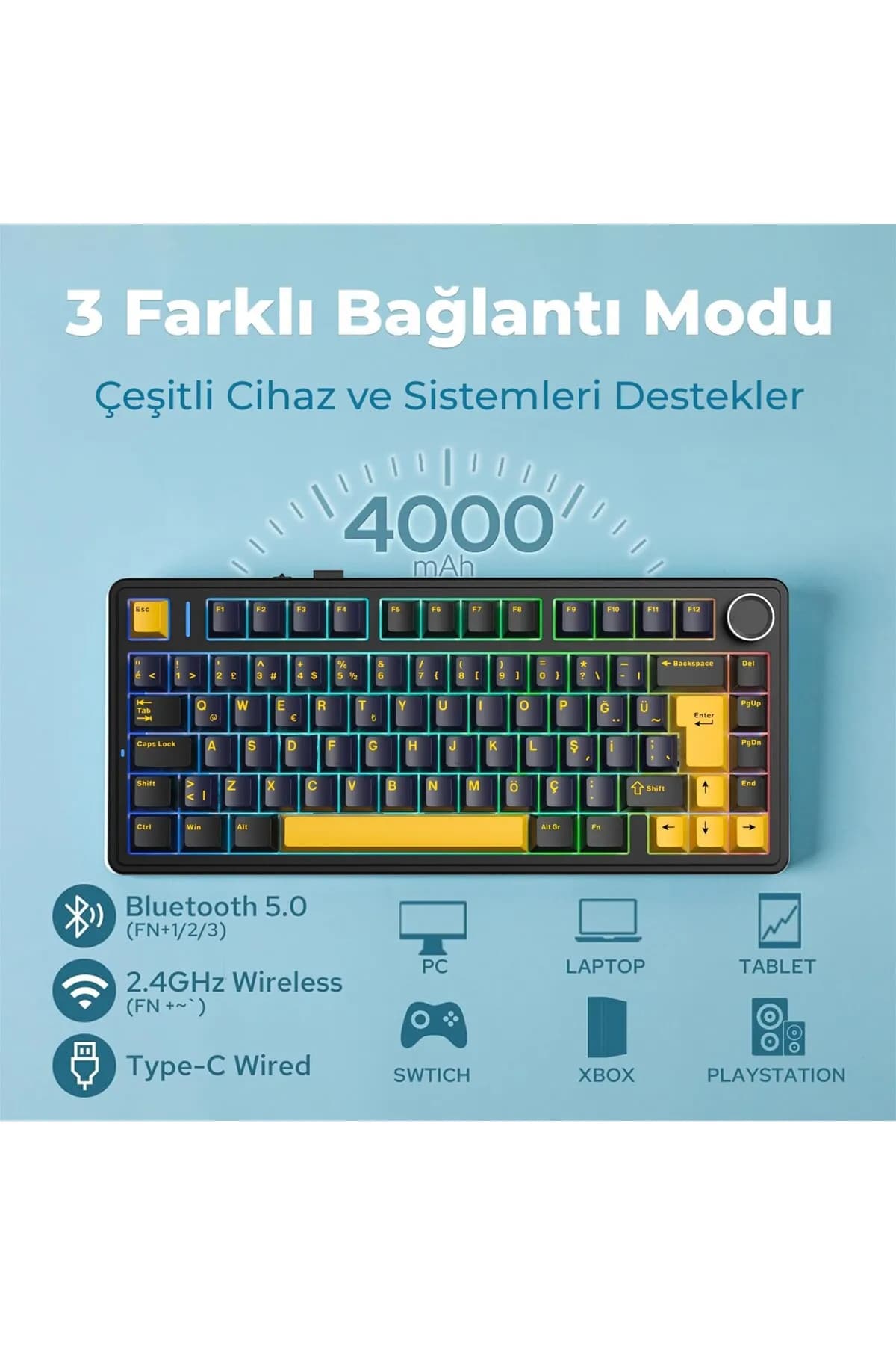 کیبورد مکانیکال بی سیم AULA مدل F75 Black Darkblue Orange — تصویر ۱۱