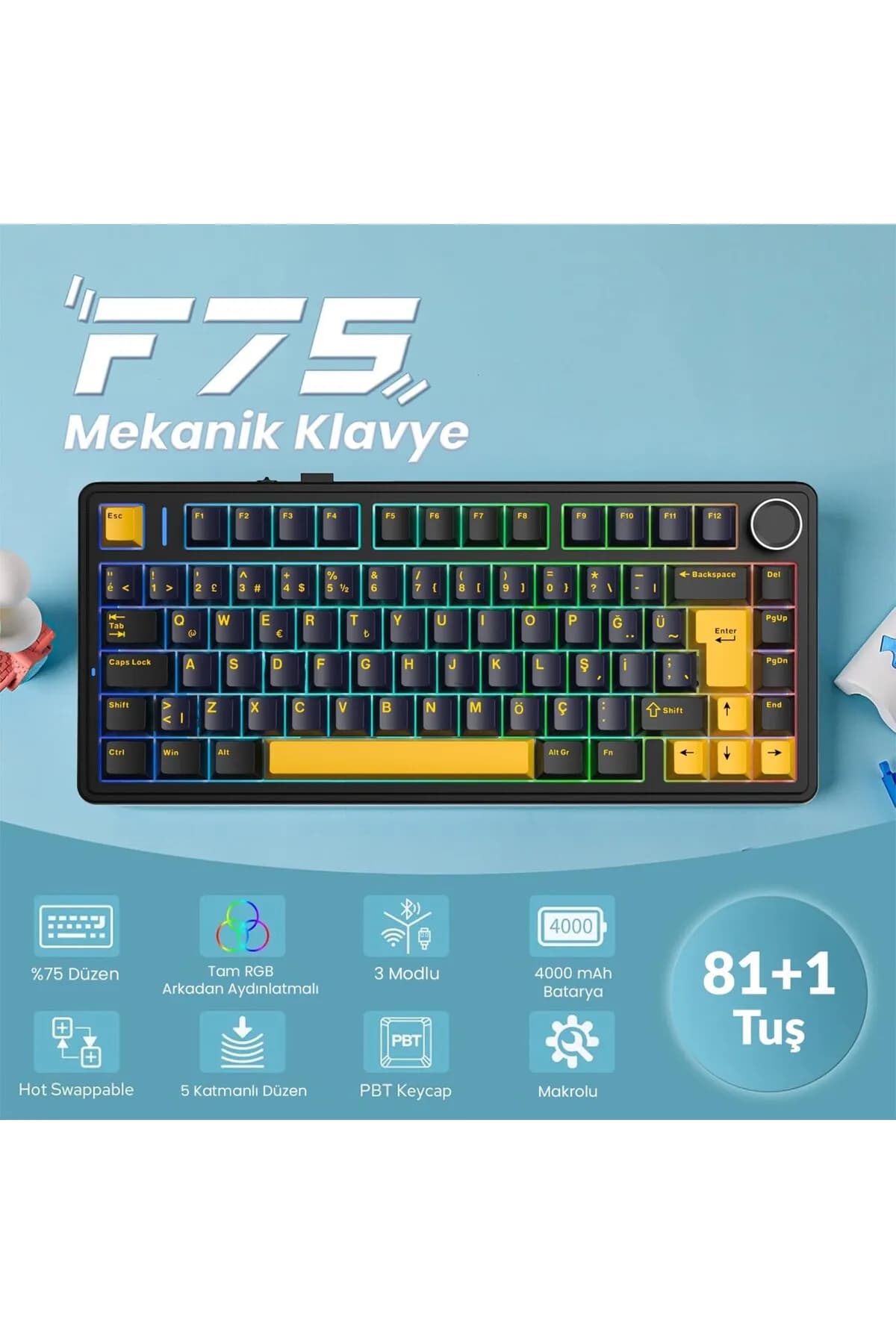 کیبورد مکانیکال بی سیم AULA مدل F75 Black Darkblue Orange — تصویر ۱۰