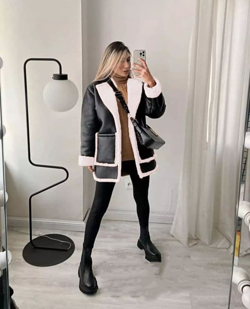 مانتو زنانه مدل ترکیب چرم و تدی