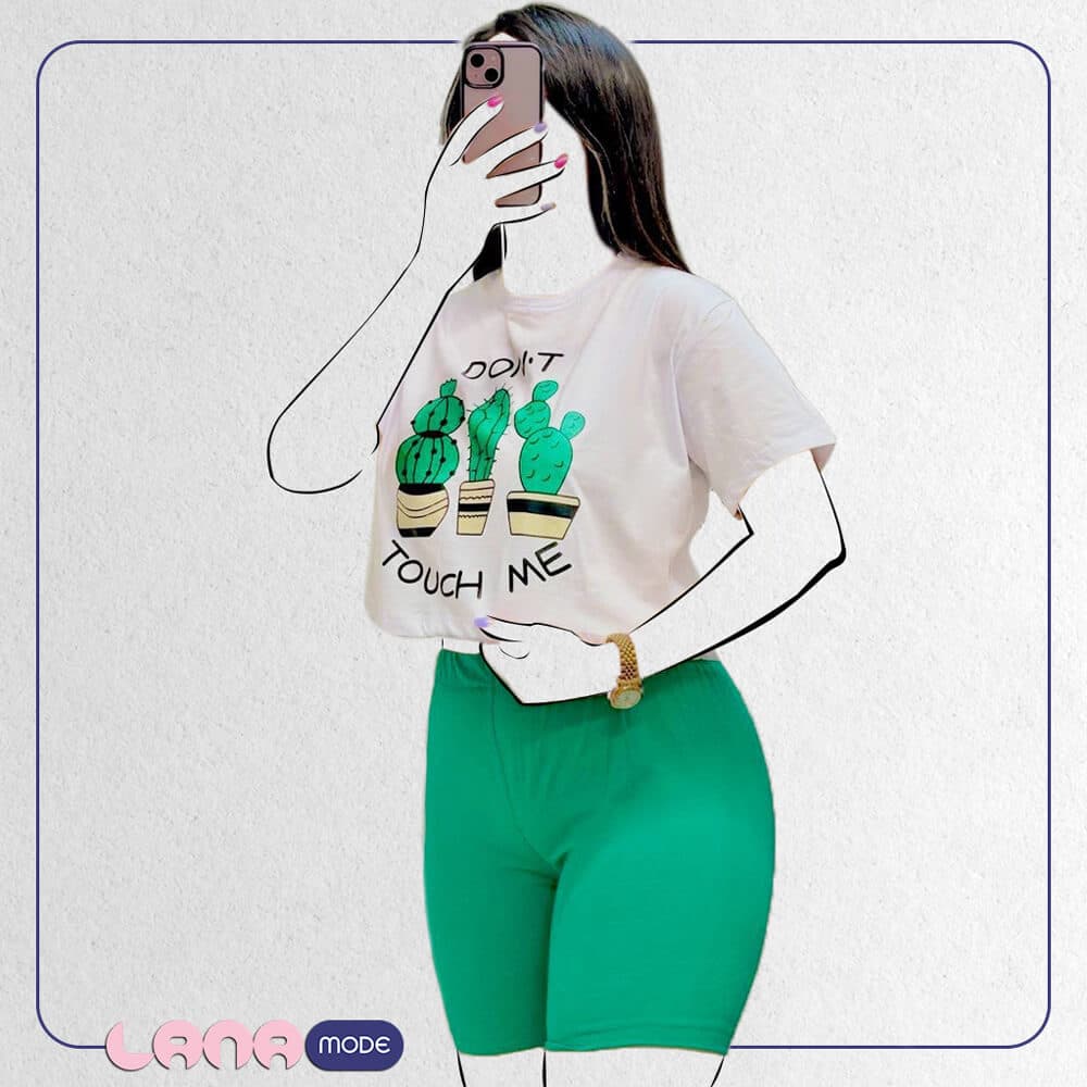 ست کراپ و شرتک پنبه سوپر لاکرا با طرح کاکتوس
