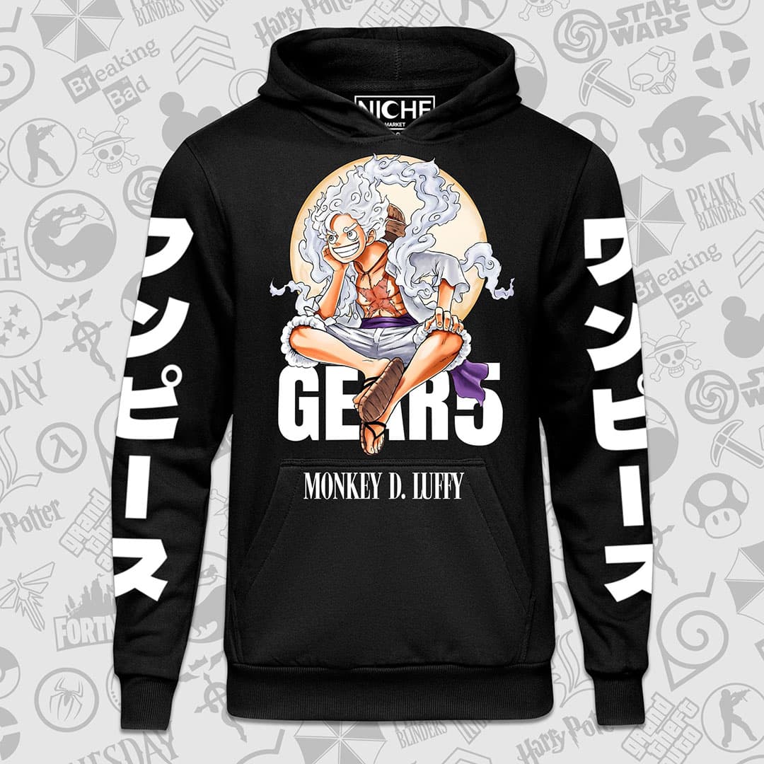 هودی مشکی One Piece طرح Gear 5 sitting on Text