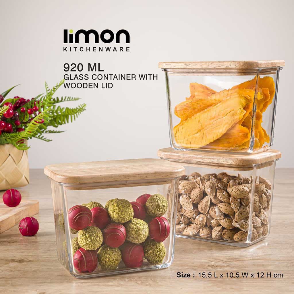 ظرف شیشه ای مستطیل 920 میلی لیتر درب چوبی لیمون 218859 — تصویر ۳