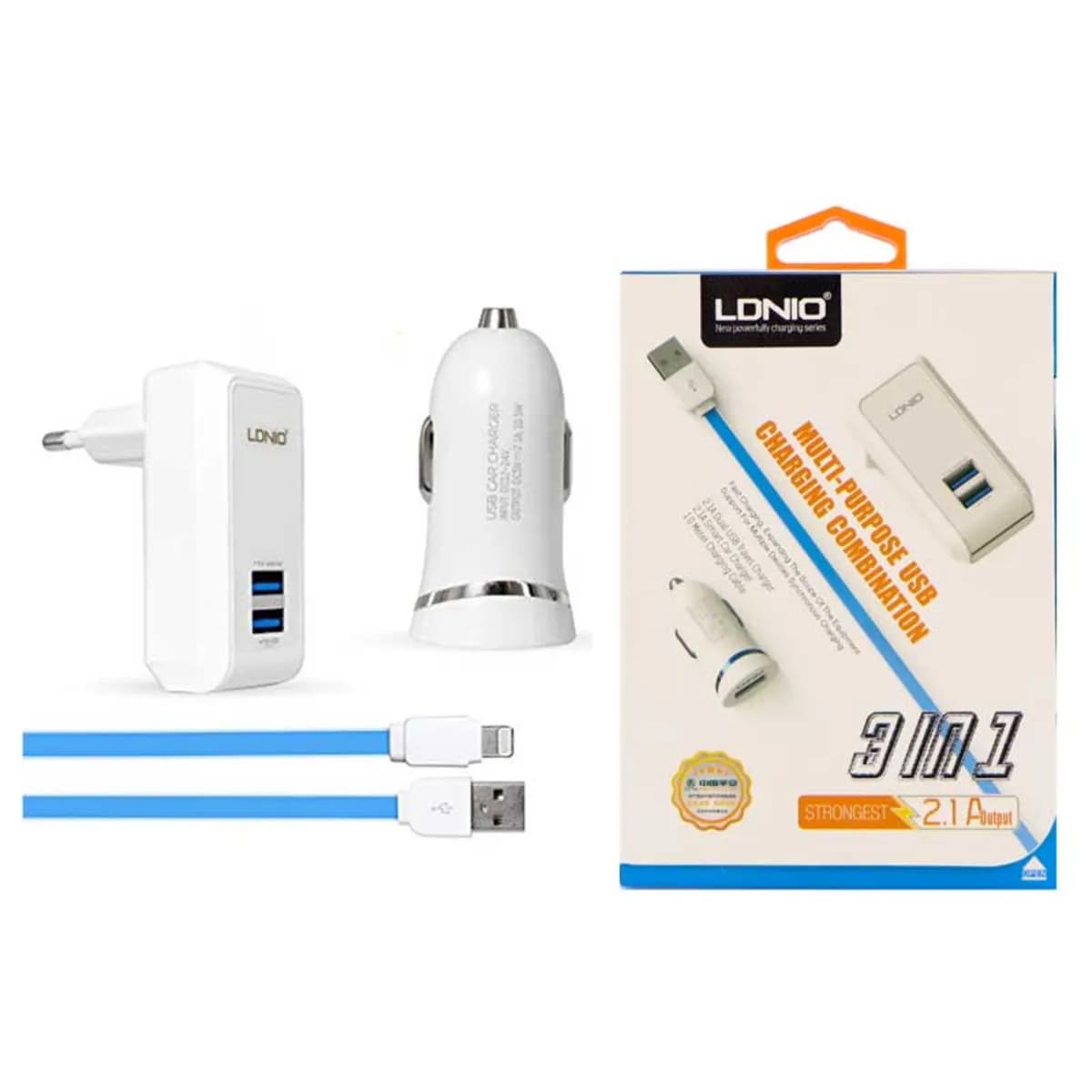شارژر 2 پورت با کابل ایفونی و فندکی LDnio — تصویر ۳