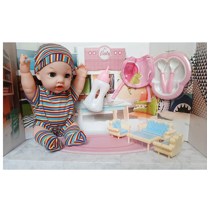 عروسک نوزاد سخنگو baby چشم متحرک به همراه ست نوزادی — تصویر ۳