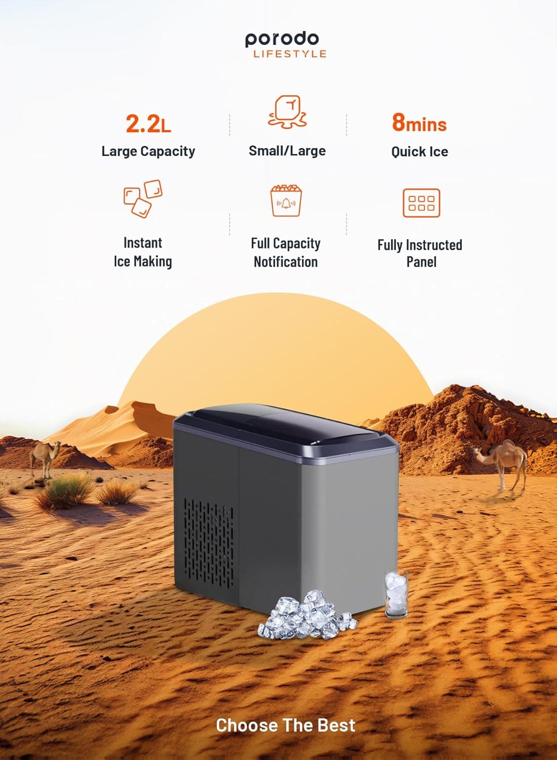 دستگاه یخ ساز قابل حمل پرودو مدل Porodo Portable Outdoor Ice Cube Machine 2.2L PD-LSICMV2 — تصویر ۷