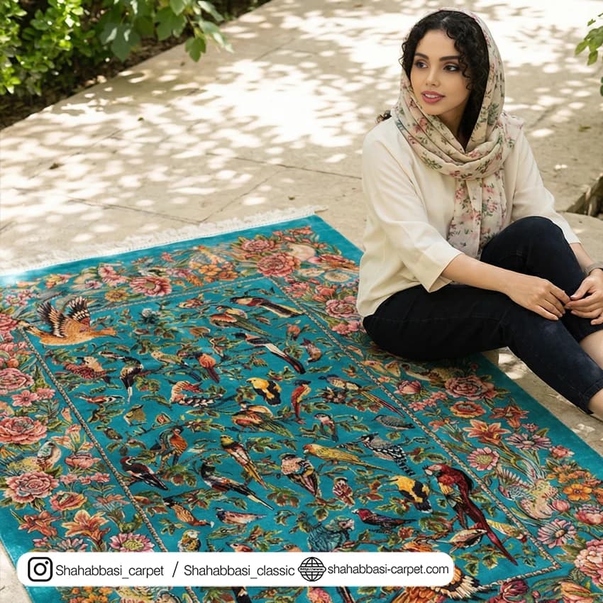 فرش تمام ابریشم کد 250 آبی — تصویر ۵
