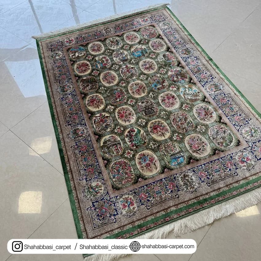 فرش تمام ابریشم کد 245 سبز — تصویر ۶