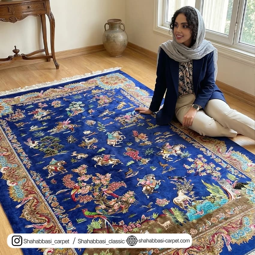 فرش تمام ابریشم کد 242 آبی کاربنی — تصویر ۵