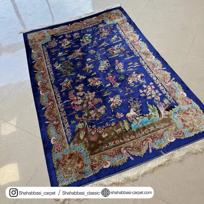 فرش تمام ابریشم کد 242 آبی کاربنی — تصویر ۶