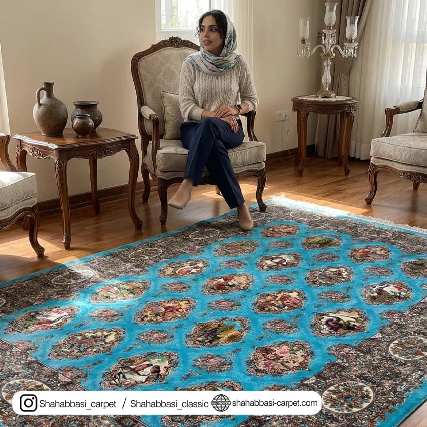 فرش تمام ابریشم کد 235 آبی — تصویر ۵