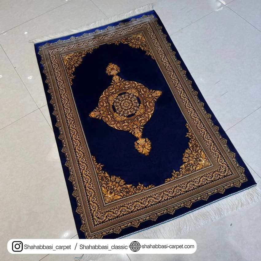 فرش تمام ابریشم کد 225 آبی کاربنی — تصویر ۲