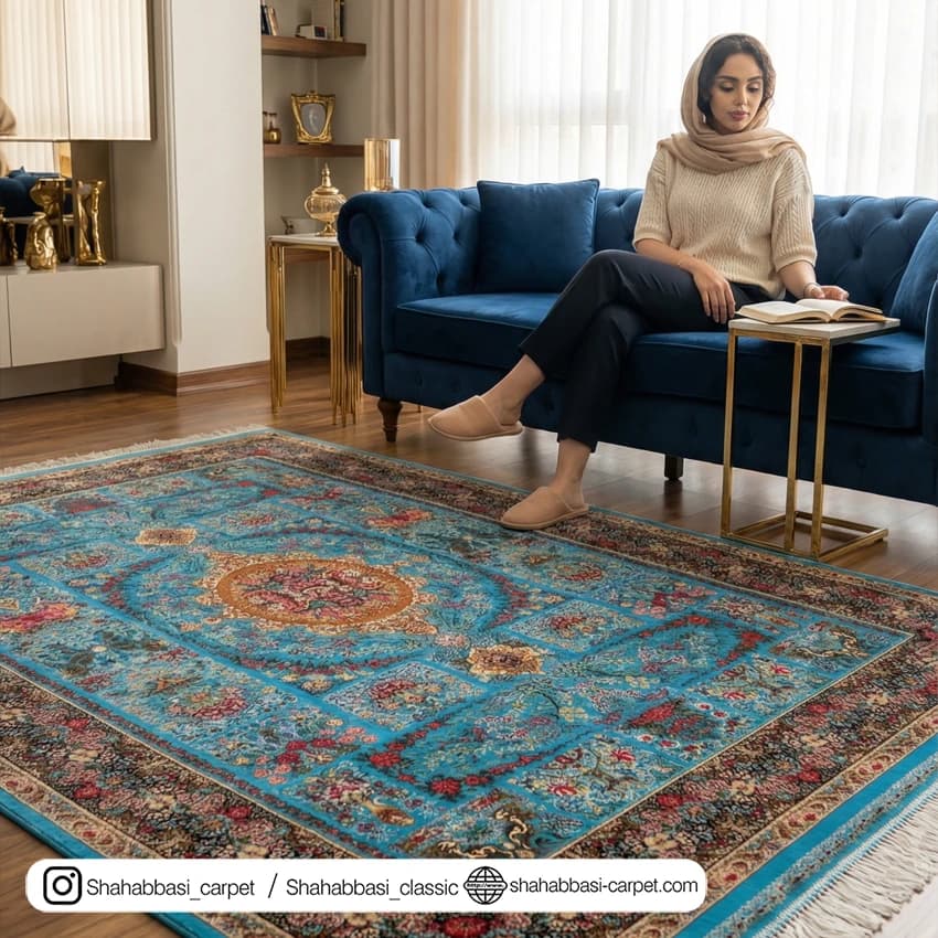 فرش تمام ابریشم کد 219 آبی — تصویر ۵