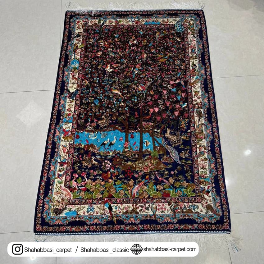 فرش تمام ابریشم کد 217 آبی کاربنی — تصویر ۸