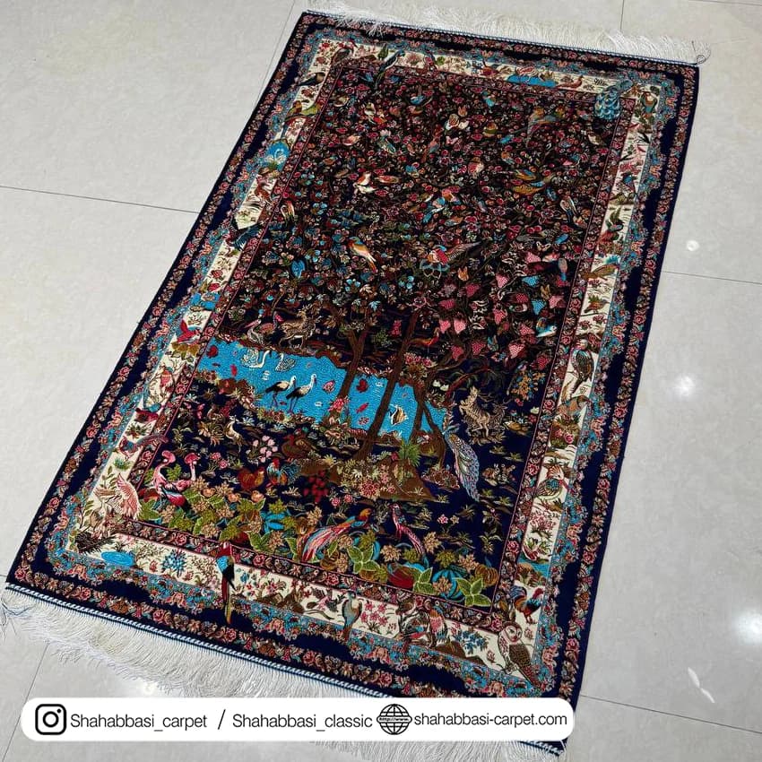 فرش تمام ابریشم کد 217 آبی کاربنی — تصویر ۲