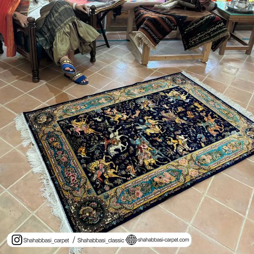 فرش تمام ابریشم کد 176 آبی کاربنی — تصویر ۲
