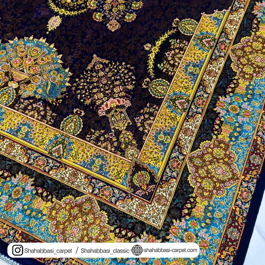 فرش تمام ابریشم کد 181 آبی کاربنی — تصویر ۳