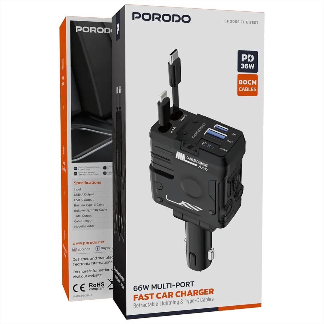 شارژر فندکی 66W پرودو Porodo 66W Car Charger Lightning & Type-C PDFWCH029 — تصویر ۵