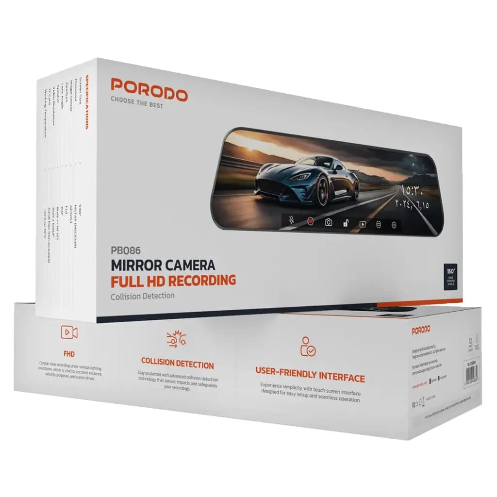 دوربین ثبت وقایع خودرو پرودو Porodo Mirror Camera Full HD Recording PD-LFST086 — تصویر ۴